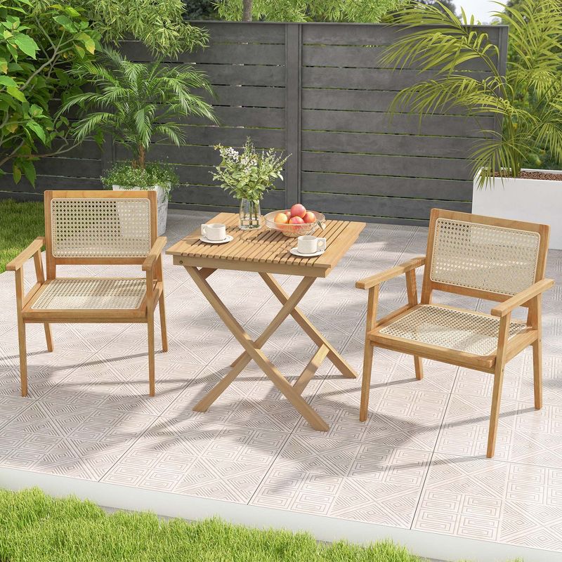Costway 3 Pieces Patio Table Chair Set Wood Bistro Set with Natural Rattan Seat & Indonesia Teak Wood Frame, 4 of 11