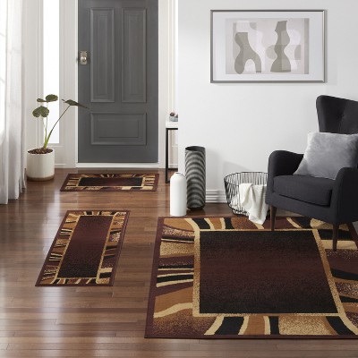Ariana Konya Brown and Beige Abstract Border Runner Set