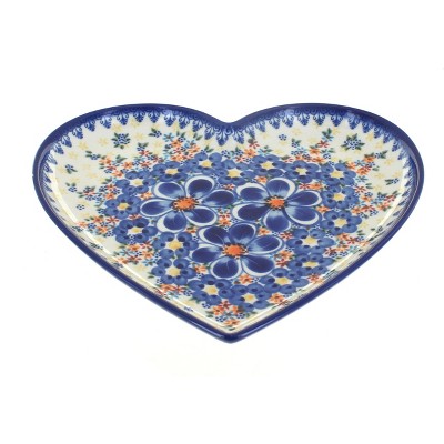 Blue Rose Polish Pottery Blue Dahlia Large Heart Plate