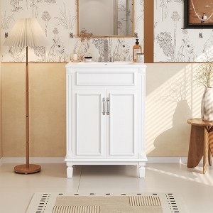 24"W Bathroom Vanity with Ceramic Sink, Freestanding Bathroom Sink Cabinet with Adjustable Shelf & Soft-Closing Doors - ModernLuxe - 1 of 4