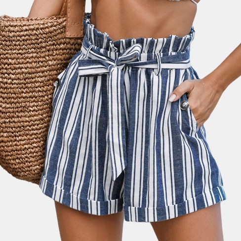 Women's Stripe & Bow Paperbag Shorts - Cupshe-M-Blue