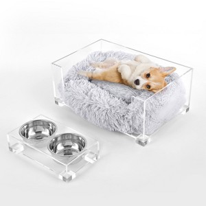 THE LICKER STORE Billie Small Modern Lucite Calming Fluffy Pet Bed with Washable Cushion and Elevated Pet Feeder with 27 oz 2-Stainless Steel Bowls - 1 of 4