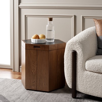 Rafaela 20" Walnut and Black Hexagon Storage Accent Table