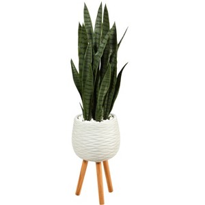 Nearly Natural 46-in Artificial Sansevieria Snake Plant in White Planter with Stand - 1 of 4