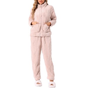 cheibear Women's Flannel Long Sleeve Soft Winter Warm Rabbit Pattern Pajama Sets with Pockets - 1 of 4