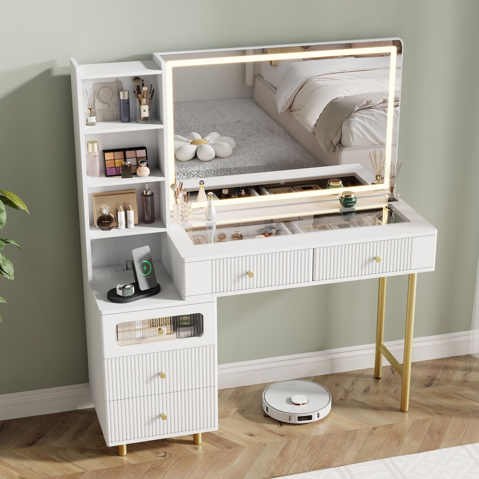 48" Makeup Vanity Desk with Mirror and Lights, Vanity with Glass top and 3 Light Modes & Adjustable Brightness ,White