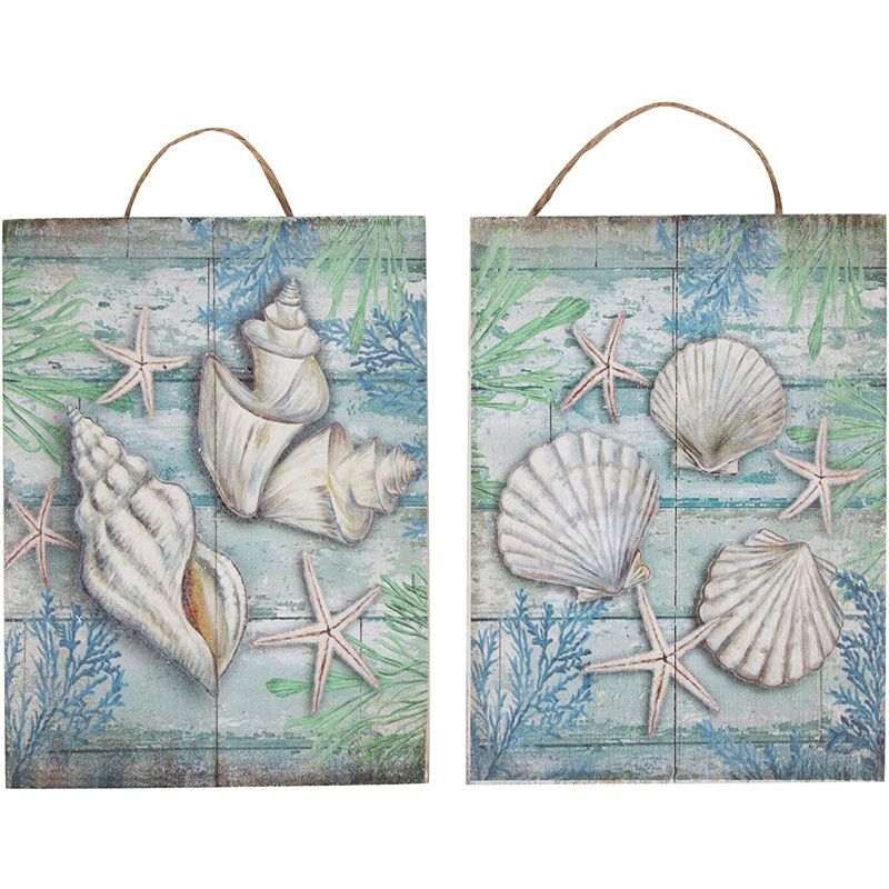 Juvale Wooden Wall Ornament - 2-Piece Small Hanging Decorations Under The Sea Seashells Design, Natural Decor Living Room, Hallway Dining, 8x5.9x0.9", 1 of 7