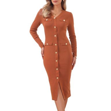 INSPIRE CHIC Women's V Neck Long Sleeve Button Decor Knit Midi Bodycon Sweater  Dress Rust X-Large : Target
