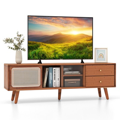 Tangkula Mid Century Modern TV Stand for TVs up to 65" Bamboo Entertainment Center w/Glass & PE Rattan Sliding Doors 2 Drawers Adjustable Shelf Walnut
