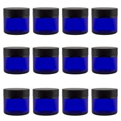 Cornucopia Brands 2oz Cobalt Blue Glass Cosmetic Jars 12pk; w/Black Plastic Lined Lids for Balms, Cosmetics & Creams