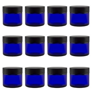 Cornucopia Brands 2oz Cobalt Blue Glass Cosmetic Jars 12pk; w/Black Plastic Lined Lids for Balms, Cosmetics & Creams - 1 of 4