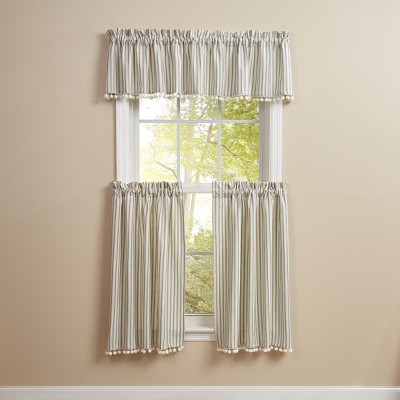 Gray and Cream Striped Cotton Valance with Ball Fringe