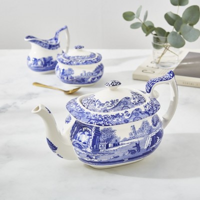 Blue and White Earthenware Teapot with Italian Countryside Design