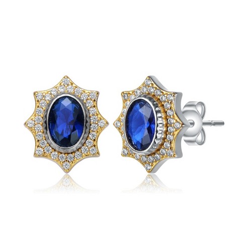 Stunning rhodium and 14k gold plated stud earrings with sparkling sapphire-colored cubic zirconia for a touch of elegance - image 1 of 2