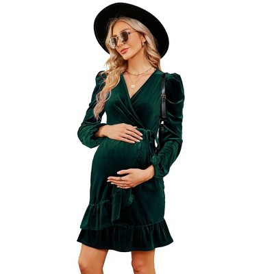 Marternity Velvet Dress Wrap V Neck Puff Long Sleeve Ruffle Midi Dress with Belt Baby Shower Photoshoot