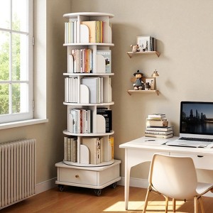 Mshliw 6-Tier 360° Rotating Bookshelf with Wheels and Drawer, Space-Saving Round Spinning Bookcase Tower for Bedroom and Living Room - 1 of 4