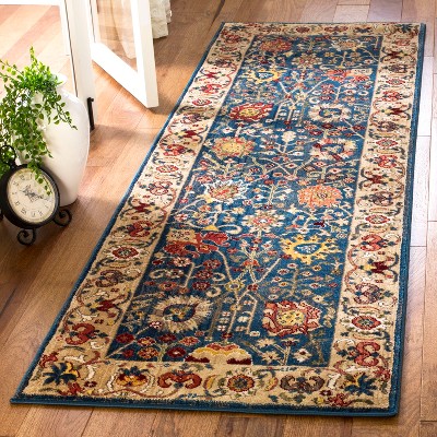 Blue and Tan Floral Synthetic Runner Rug, 2'6" x 8'