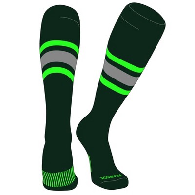 PEAR SOX Striped OTC Baseball, Softball, Football Socks (B) Forest Green, NEON Green, Silver