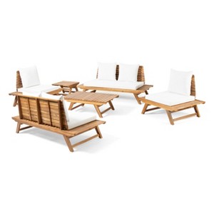 Christopher Knight Home Sedona Outdoor Acacia Wood 6 Seater Chat Set and Side Table with Cushions - 1 of 4