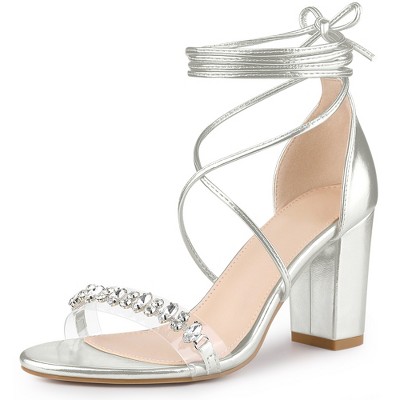 Perphy Women's Crystal Rhinestones Strap Lace Up Chunky Heel Sandals