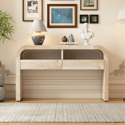 Retro Curved Wooden Hallway Table,Console Table With 2 Large Drawers And Solid Wood Veneer,Open Shelf,Rectangular Console Table-Cuddlewood