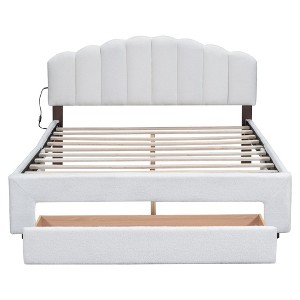 BELLEMAVE Upholstered Platform Bed, Teddy Fleece Wood Bed Frame with Drawer and USB Ports, for Bedroom, Easy Assembly, White - 1 of 4