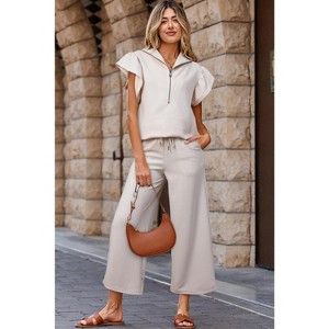 Textured Ruffled Sleeve Zipped Top and Wide Leg Pants Set - 1 of 1