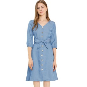 INSPIRE CHIC Women's V Neck 3/4 Sleeve Button Down Shirt Dress with Belt - 1 of 4