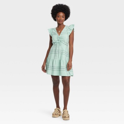 Women's Flutter Short Sleeve Mini Skater Dress - Universal Thread™ Green Plaid L