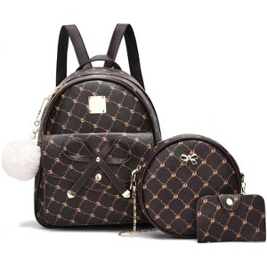 3-Pieces Girls Bowknot Fahsion Leather Backpack Backpack Purse for Women Rucksack - 1 of 4