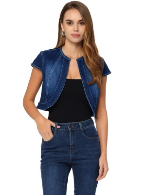 Allegra K Women's Cap Sleeve Slim Fit Summer Crop Denim Jacket