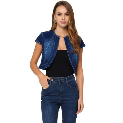 Allegra K Women's Cap Sleeve Slim Fit Summer Crop Denim Jacket Drak Blue  Small