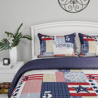 Nautical Americana Blue Microfiber Reversible Quilt Set