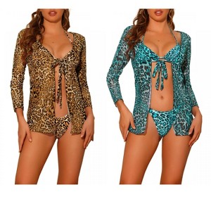 Elerevyo Women's Halter Leopard Print Lace Up Mesh Cover Up Swimwear Bathing Suits 3 Pcs 2 Sets - 1 of 4