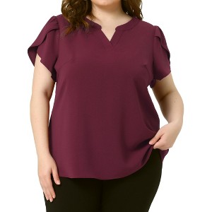 Agnes Orinda Women's Plus Size Casual Summer Dressy Petal Short Sleeve Split Neck Blouses - 1 of 4