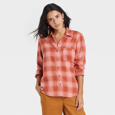 Women's Long Sleeve Flannel Button-Down Shirt - Universal Thread™ Dark Orange Plaid XL