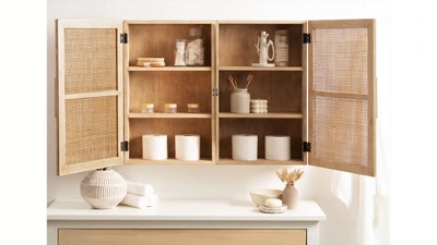 Natural Rattan and Wood Wall Cabinet with Shelves