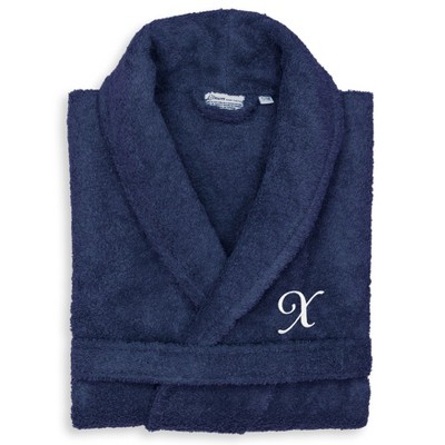 Linum Home Textiles 100% Turkish Cotton Unisex Personalized Terry Bathrobe Navy in White Script Font