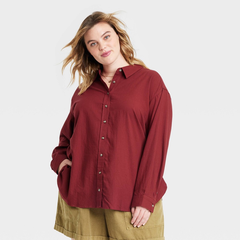 Women's Plus Size Long Sleeve Oversized Button-Down Shirt - Universal Thread Burgundy 1X, Red