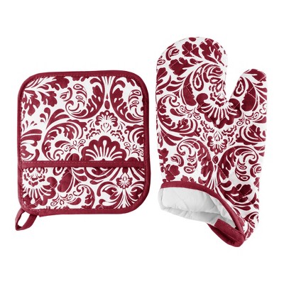 Burgundy and White Cotton Quilted Oven Mitt and Pot Holder Set