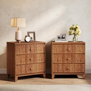 Lantine Nightstand with 3 Drawers, Farmhouse Bedside Table with Elegant Patterns, Industrial Night Stand End Table for Bedroom, Brown - 1 of 4