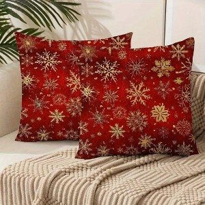 Lomsoe 2pcs Red & Golden Snowflake Christmas Pillow Covers - Soft Polyester, Winter Decor with Zipper Closure, Machine Washable, Festive Home Decor - 1 of 4
