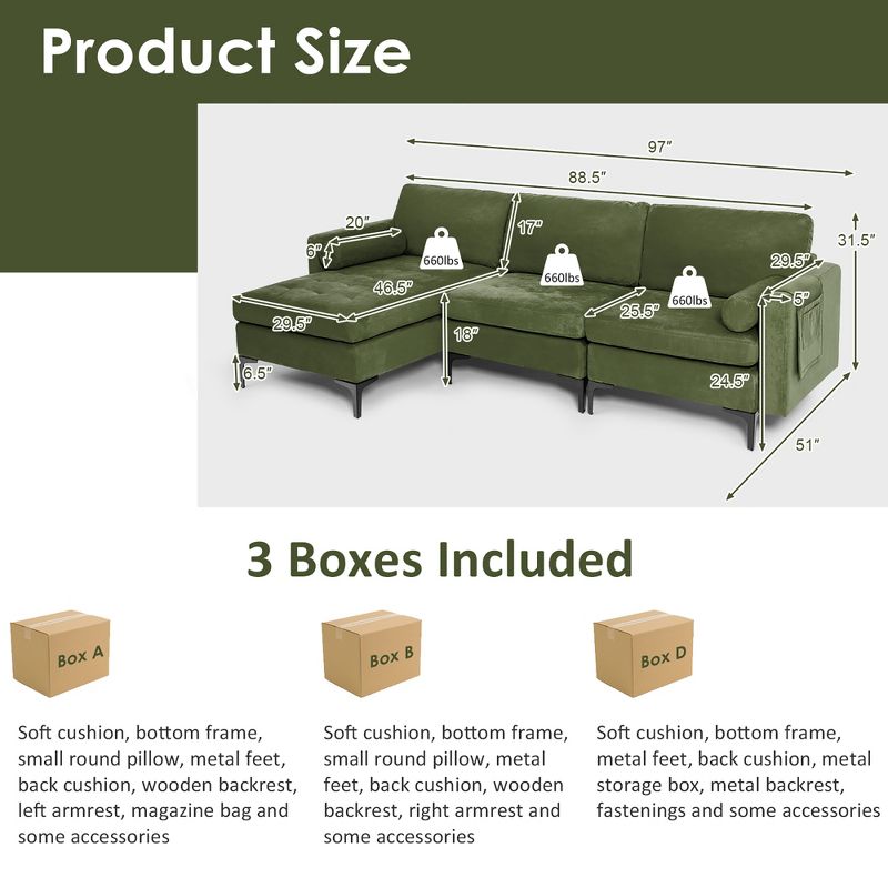 Costway Modular L-shaped Sectional Sofa w/ Reversible Chaise & 2 USB Ports Army Green, 4 of 11