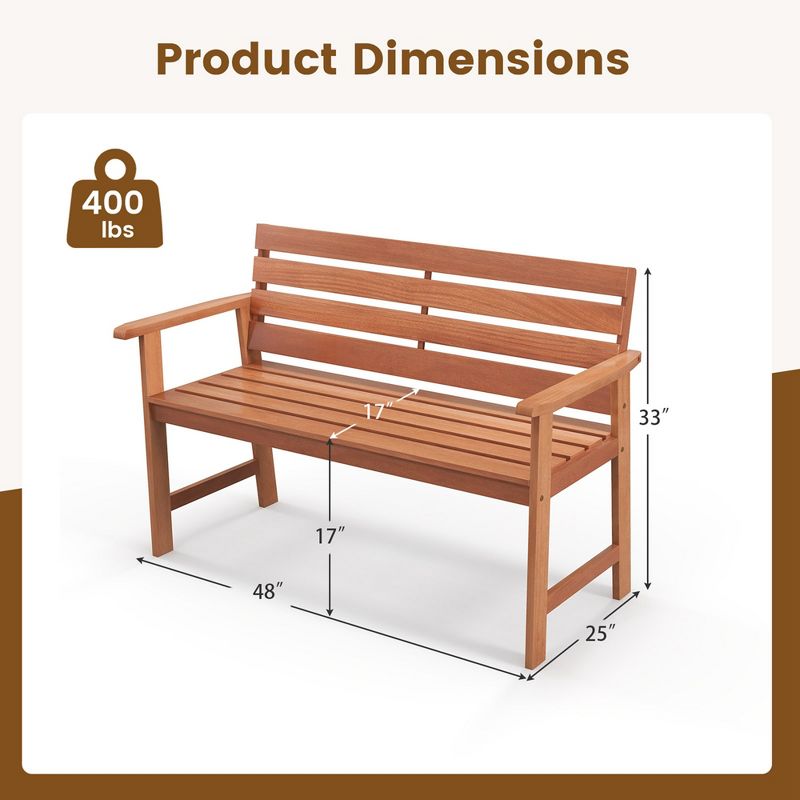 Costway Patio Solid wood Bench Wood 2-Seat Chair with Slatted Seat & Inclined Backrest, 5 of 11