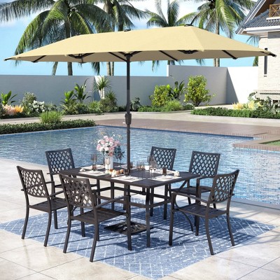 Captiva Designs 8pc Patio Slat-top Rectangle Steel Table & Metal Stackable Chairs & 13ft Large Umbrella