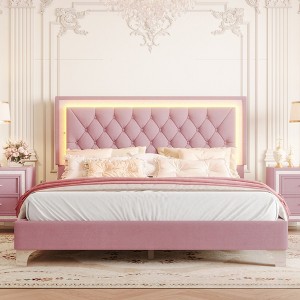 Queen Size Upholstered Bed Frame with Tufted Headboard and LED Lights for Bedroom or Apartment - 1 of 4