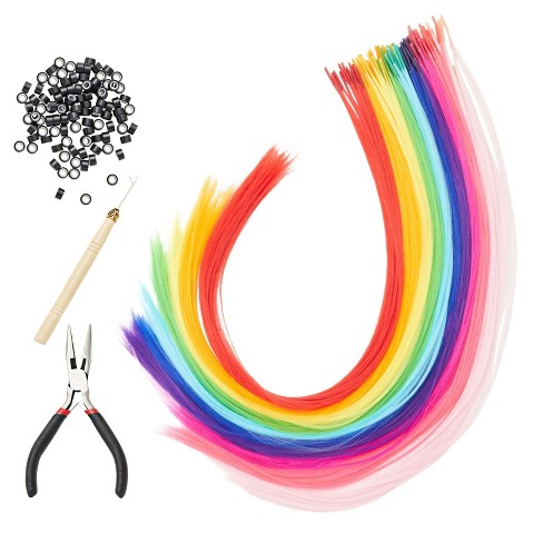 Glamlily Rainbow Microbead Hair Extensions Kit With Tools, 100 Synthetic  Strands, 10 Colors, 20 Inches : Target