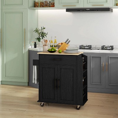 LunaLulinlk Kitchen Island with Storage, Rolling Kitchen Cart with AC Outlets and USB Ports, Black