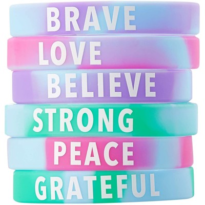 Inspirational Rubber Bracelets - 36-Pack Silicone Wristbands with 6 Positive Word Designs, Motivational Gifts, Party Favors for Kids, Teens, Adults