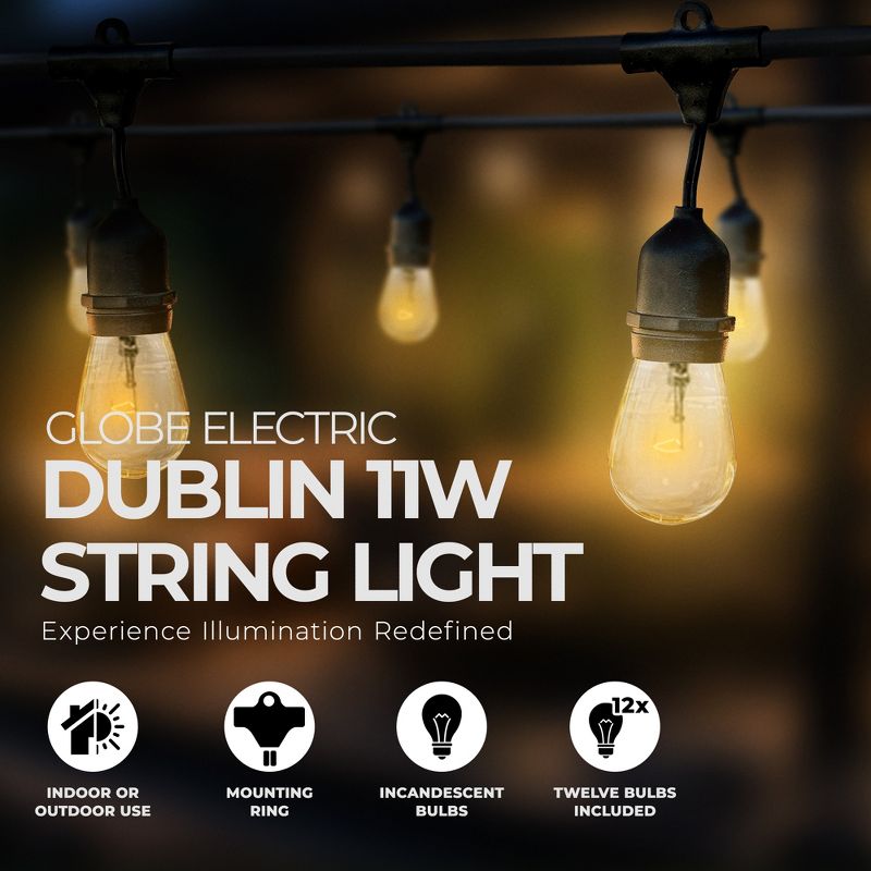 Globe 24 Feet 11 Watts S14 Dublin Incandescent Vintage String 12 Bulb Light Set, Includes Plug In, Black Cord and Bulbs for Indoor and Outdoor Use, 2 of 7